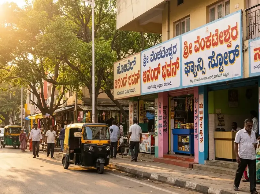Kannada shop signage on a Bengaluru street